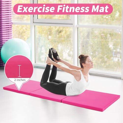 BLKMTY Gymnastics Mats - 2'x6' Folding Exercise & Yoga Mat with Carrying Handles for Kids' Tumbling & Home Gym, Pink