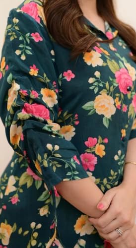 Greciilooks Rayon Floral Regular Fit Stylish Kurta Ethnic For 3/4 Sleeve Women Co-Ord Set (Gl-W1817_Green_S)