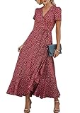 PRETTYGARDEN Women's Summer Wrap Maxi Dress Casual Boho Floral V Neck Short Sleeve Ruffle Hem Split Beach Long Dresses (Red,Large)