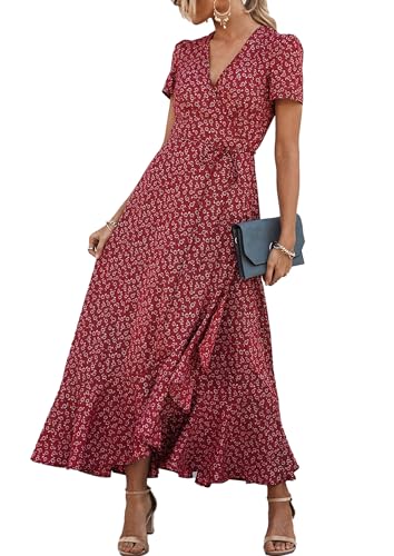Image of PRETTYGARDEN Women's Summer Wrap Maxi Dress Casual Boho Floral V Neck Short Sleeve Ruffle Hem Split Beach Long Dresses