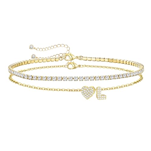 Image of Gold Initial Ankle Bracelets for Women 14K Gold Plated CZ heart Tennis Anklets for Women Waterproof Adjustable Initial Anklets Large Ankle Summer Beach Foot Jewelry