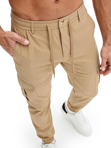 PLEPAN Mens Casual Cargo Joggers Drawstring Elastic Waist Tapered Work Pants Chino Slim Fit Fashion Hiking Workout Pants with 6 Pockets Khaki Large