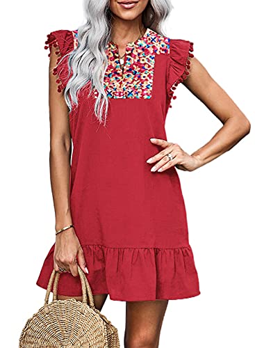 KIRUNDO Women s Summer Mini Dress Casual V Neck Boho Dress Embroidery Ruffled Sleeveless Shift Dress Loose Badydoll Dress(B-Red, Large)