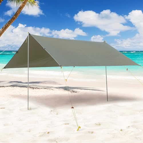 KIMORE Camping Tarp, Beach Tent Sun Shelter, Waterproof Hammock Rain Fly Camping Tarp with 2 Aluminum Poles, Lightweight Backpack Tent tarp for Traveling, Beach Picnics Backpacking Hiking, 10 * 9FT