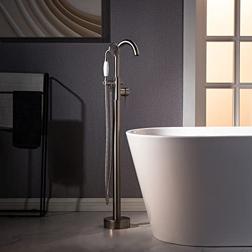 WOODBRIDGE F0023BNVT High Flow Rate 8 GPM Freestanding Tub Filler Faucet with Hand Shower, Brushed Nickel by WOODBRIDGE - Used condition - US$141.98