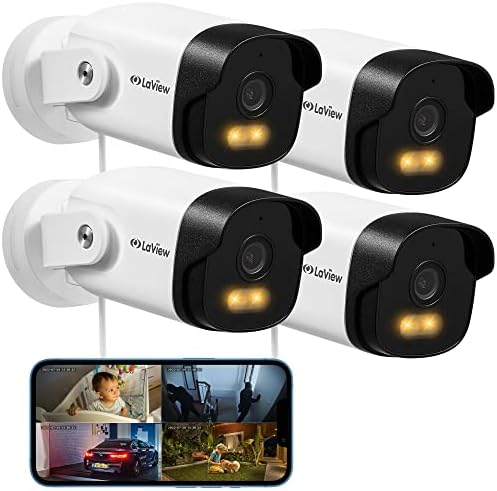 LaView 2K Security Camera Outdoor with Color Night Vision,3MP Wired Cameras for Home Security,IP65 Waterproof Camera, 24/7 Live Video,2 Way Audio,Cloud Storage/SD Slot,Compatible with Alexa(4pcs)