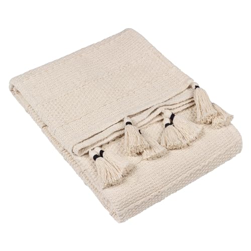 Image of Furn. Yard Caliche Woven Tasselled Throw – Textured Cotton Linear Weave (Natural – 130x180cm)