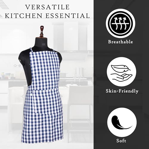Image of Kuber Industries Kitchen Apron Set of 2 - Restaurant, Chef, Cooking Dress for Women and Men - Front Pocket, Mota Check Pattern, Blue