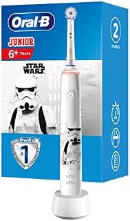 Oral-B Junior elektryczna szczoteczka do zębów dla dzieci od 6 lat, z 3 trybami czyszczenia i wizualną kontrolą docisku 360° do pielęgnacji zębów, zaprojektowana przez Braun, Star Wars, biała