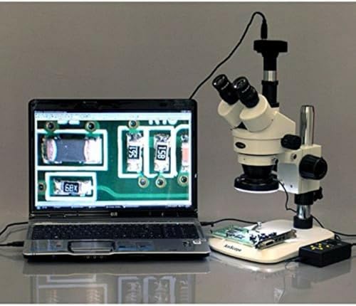Image of AmScope SM-1TNZ-144A-10M Digital Professional Trinocular Stereo Zoom Microscope, WH10x Eyepieces, 3.5X-90X Magnification, 0.7X-4.5X Zoom Objective, Four-Zone LED Ring Light, Pillar Stand, 110V-240V, Includes 0.5X and 2.0X Barlow Lenses and 10MP Camera with Reduction Lens and Software