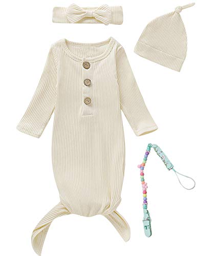 Image of MoryGooder Newborn Cotton Nightgowns Neutral Baby Knotted Sleeper Baby Coming Home Outfit
