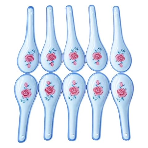 Set of 10 Ceramic Soup Spoons, Chinese Soup Spoons with Flower Pattern, Egg Spoons Teaspoons for Coffee Tea Yogurt, Ice-cream, Appetizers and Desserts, Porcelain Spoons, Dishwasher Safe Microwave Safe Cover
