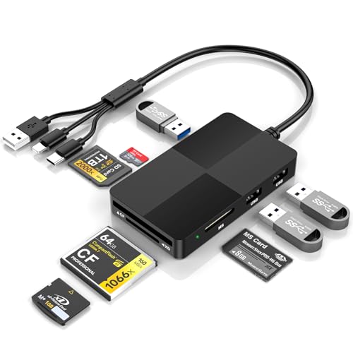 Memory Stick Pro Duo Card Reader, 8-in-1 Memory Card Reader for SD/TF/MS/CF/XD Cards, with 3 USB 2.0 Ports, iPhone/USB-C/USB-A Adapter for Phone, Tablet, Laptop and Computer