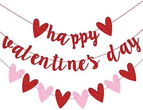 Red Glittery Happy Valentines Day Banner and Red Pink Glittery Heart Garland Banner Valentines Day Decorations No DIY Romantic Paper Garland Banner Valentine Day Bunting Photo Props