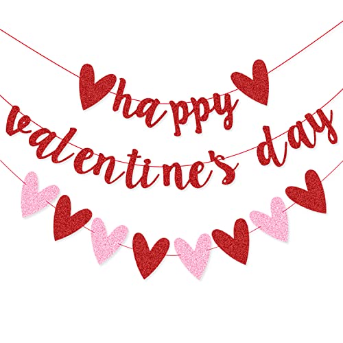 Red Glittery Happy Valentines Day Banner And Red Pink Glittery Heart Garland Banner Valentines Day Decorations No Diy Romantic Paper Garland Banner Valentine Day Bunting Photo Props #TOP3