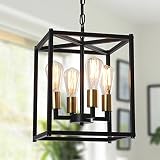 Bosomfr Lantern Pendant Light, 4-Light Gold Chandelier with Metal Cage Industrial Ceiling Hanging Li