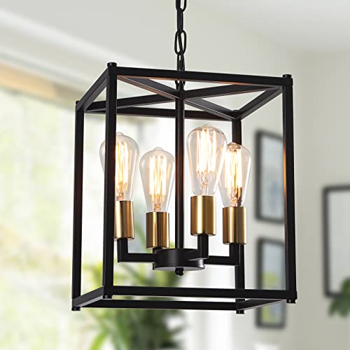 Bosomfr Lantern Pendant Light, 4-Light Gold Chandelier With Metal Cage Industrial Ceiling Hanging Light Fixture For Kitchen Island Foyer Dining Room Living Room Hallway #TOP2