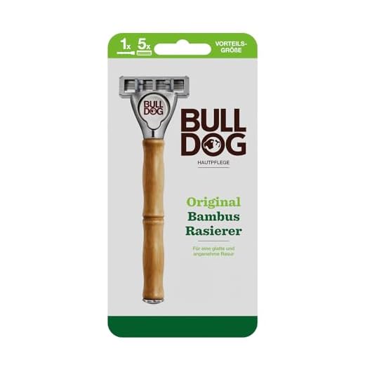 BULLDOG Original Rasierer mit Bambusgriff | Rasierer + 4 Ersatzklingen | 5-fach Klinge
