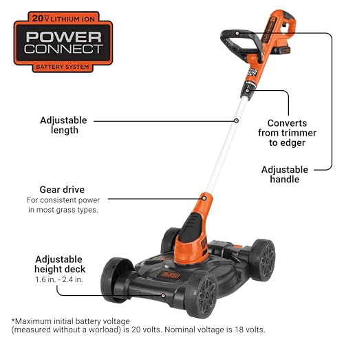BLACK+DECKER Weed Eater, Lawn Edger and Cordless Lawn Mower 3 in 1 Combo, Includes (2) Batteries, Charger, 12 Inch Battery Powered String Trimmer and Lawnmower, Adjustable Length and Height (MTC220) - Image 3
