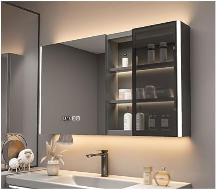 Wall-Mounted Bathroom Cabinet with High-Definition Mirror, Intelligent Defogging, Solid Wood Storage Cupboard, Gray Finish, 100x70CM (39.4x27.5IN)