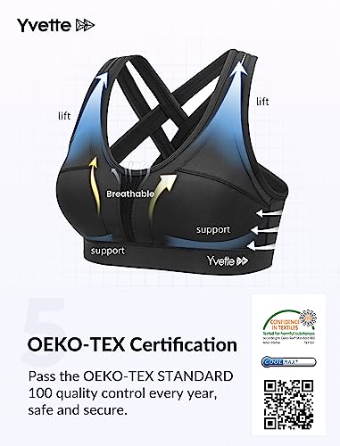 Yvette Women High Impact Sports Bras Criss Cross Back Sexy Running Bra for Plus Size, Black, 3XL(DF)