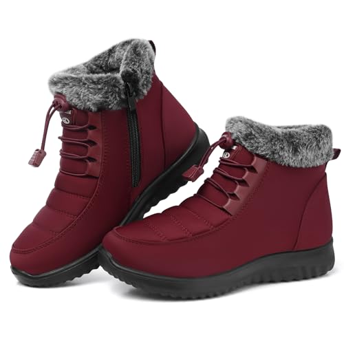 SHIBEVER Snow Boots for Women Winter: Fur Lined Warm Ankle Boots - Cold Weather Water Resistant Outdoor Zipper Snow Shoes Red Size 8.5