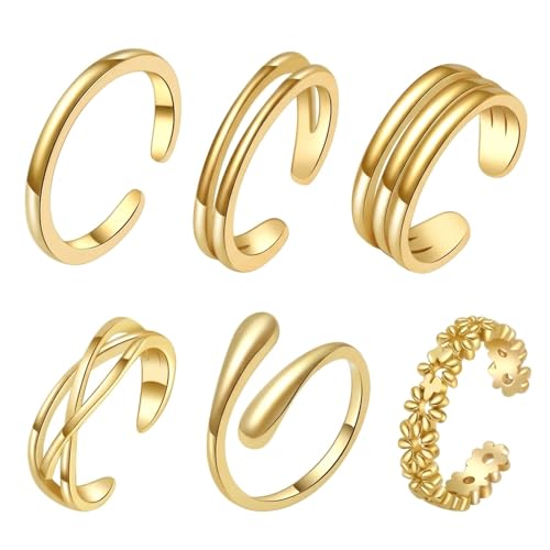 Yuwnd Verstellbare Zehenringe Gold für Damen 6 Stück Set aus vergoldeten Zehenringen für Strand und Sommer Elegante Zehenring Kollektion mit verschiedenen Designs