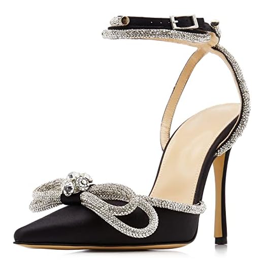 BlingQueen Sandálias femininas de salto fino, bico fino, coração de cristal, glitter, strass enfeitado com tira no tornozelo, salto stilettos, vestido de festa de casamento, Laço preto, 36