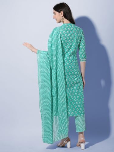 Image of MIRCHI FASHION Pure Cotton Women Straight Printed Embroidery Work Kurti Set with Dupatta and Pant
