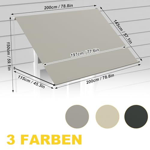 FIVMEN Markiza zaciskowa, zwijana, ze sznurkiem i aluminiowym drążkiem podporowym, markiza balkonowa, ochrona przed słońcem na okna, taras, balkon, 200 x 145 cm, szara