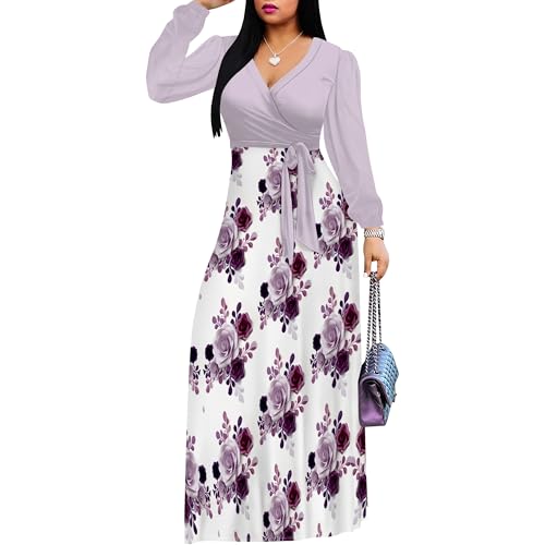 Image of PinkPatty Women's Long Sleeve Maxi Dress Plus Size Trendy Wedding Guest Wrap Dress with Pockets&Belt