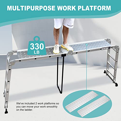 Hbtower Folding Ladder, 15.5Ft Aluminum Extension Ladder With Tool Tray, 2 Platform Plates, 7 In 1 Heavy Duty Collapsible Ladder, Tall Ladder For Home Or Outdoor, 330 Lbs Capacity #TOP2