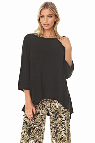 Women's Loose Flowy Asymmetric Hemline 3/4 Sleeve Wide Boat Neck Unlined Jersey Black Tunic