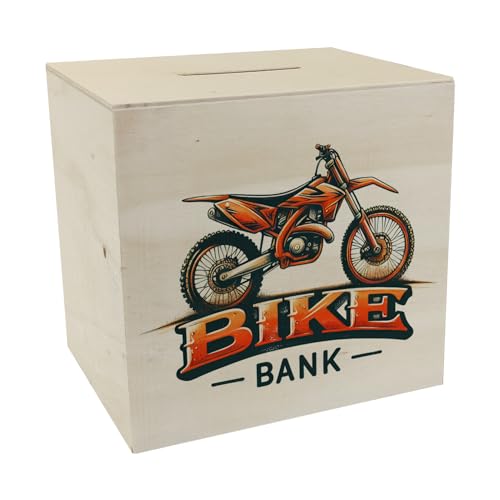 Tirelire de motocross en bois avec inscription « Bike Bank » - Parfaite tout terrain - En bois - Design motocross - Orange/noir - Avec inscription cool en dessous