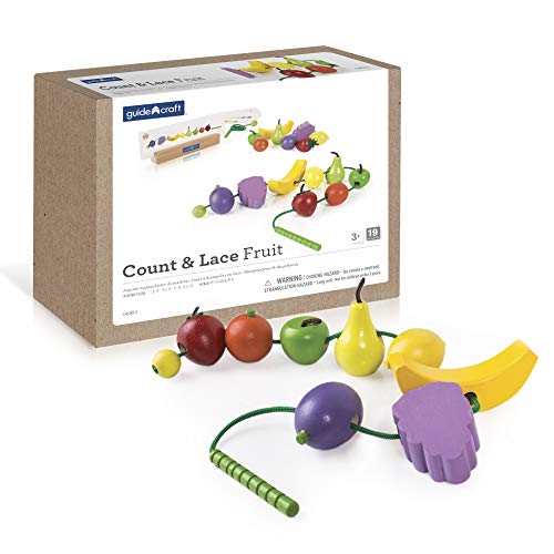 Guidecraft Count and Lace Fruit - Color and Shape Sorting Wooden Multi-Color Fruits Toy Set for Toddlers, Kids Learning & Educational Toys, Magnetic Matching Game