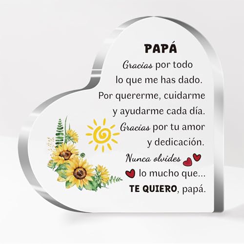 Papá Corazón Acrílico Placa Adornos Hombres Día del Padre Regalos Escritorio Letrero Girasoles Personalizado Decoración Hogar Jubilación Apreciar Recuerdo Papá Gracias por Todo lo que Me Has Dado