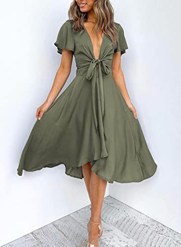 Image of miduo Womens Satin V Neck Ruffle Short Sleeve Tie Front High Waist Midi A-Line Maxi Dresses