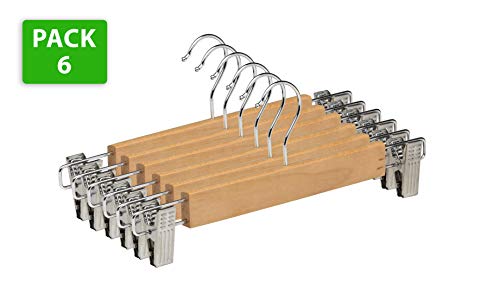 TODO HOGAR Percha Falda Natural de Madera Maciza para Faldas, Pantalones y Vaqueros, Acabado de Color Natural con Clips Ajustables anticorrosión con Gancho Giratorio Cromado (Natural, 6)