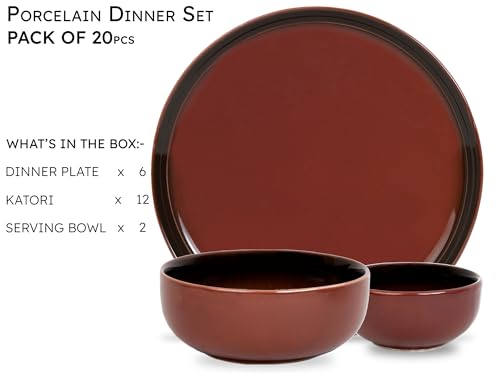 Image of Bodhi House Handcrafted Chip Resistant Porcelain Dinner Set, 20 Pieces Dish Set Serving for 6, Microwave and Dishwasher Safe, Bone-ash Free, Crockery Set for Dining and Gifting, Deep Red