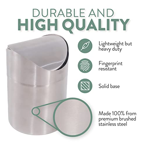 Estilo Mini Countertop Trash Can | Brushed Stainless Steel, Swing Top Lid Trash Bin, Silver 1.5 L / 0.40 Gallon | Kitchen Countertop, Bedroom, Bathroom, Home Office, Desktop, Table Top Trash Can #TOP5