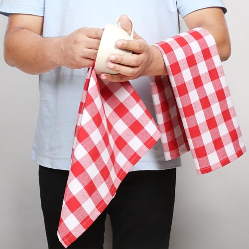 Image of 4 Pack Gingham Buffalo Check Kitchen Dish Towels 100% Cotton 16x26 Inches - Super Absorbent Quick Drying Hand Tea Towels, Restaurant Cleaning Towels with Hanging Loop, Red White