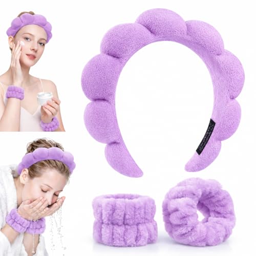 3Pcs Spa Headbands Set for Women, Elastic Hair Wraps with Wrist Accessories for Face Wash, Skincare, Facial, Mask, Makeup Preparation, Light Purple
