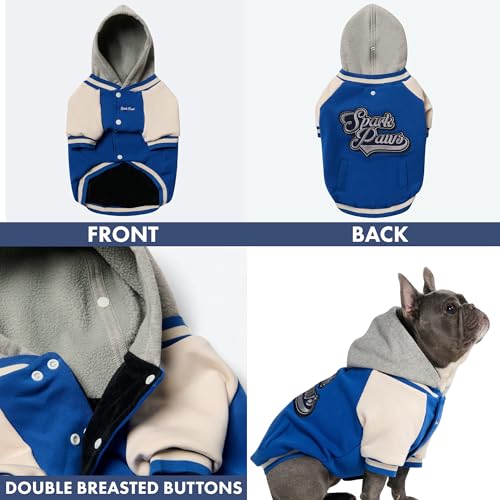 Image of Spark Paws Varsity Dog Hoodie - Premium Dog Sweater for Small, Medium, and Large Dogs | Warm Clothes for Pets, Winter Jacket Alternative - Blue - XL