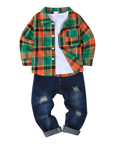 Renotemy 3T 4T Boy Clothes Fall Toddler Boys Christmas Outfits Fashion Flannel Plaid Shirts with White Tops Ripped Jeans Pant 3Pcs Clothing Sets Toddler Clothes for Boy 3-4T Green Boys Sweatsuit