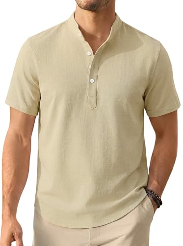 Image of Enlision Mens Grandad Shirts Summer Short Sleeve Linen Shirt for Men Casual Beach Holiday Henley T-Shirts Khaki 4XL