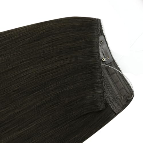 Image of YoungSee Wire Human Hair Extensions Ash Brown, Wire Hair Extensions Real Human Hair, Can Be Styled Straight Remy Hair, Human Hair Fish Line Extensions, 18 Inch 85G Medium Length Dark Ash Brown