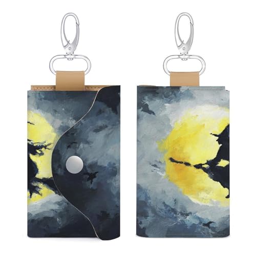 Witch Flying on Broomstick Moonlight Key Holder Bag PU Leather ID Card Holder Keychains Case Cover for Men Women3