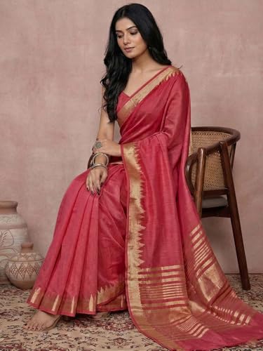 Image of Satrani Women's Cotton Silk Weaving Border Saree with Unstitched Blouse Piece