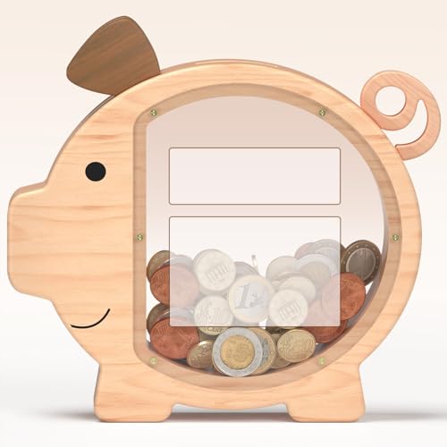 Image of Piggy Bank for Kids Boys,Natural Kids Piggy Bank with Creative DIY Stickers | Large Wooden Clear Coin Bank, Birthday & Toddlers Gifts, Personalized Money Box Toys for Child Cute Room Christmas Decor