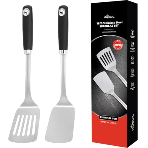 2 Pcs Stainless Steel Spatulas Set,14.9 Silver Slotted Turner, Solid Turner, Kitchen Cooking Utensils Set, High Heat Resistant, Grilling Frying Serving Food, Easy to Clean